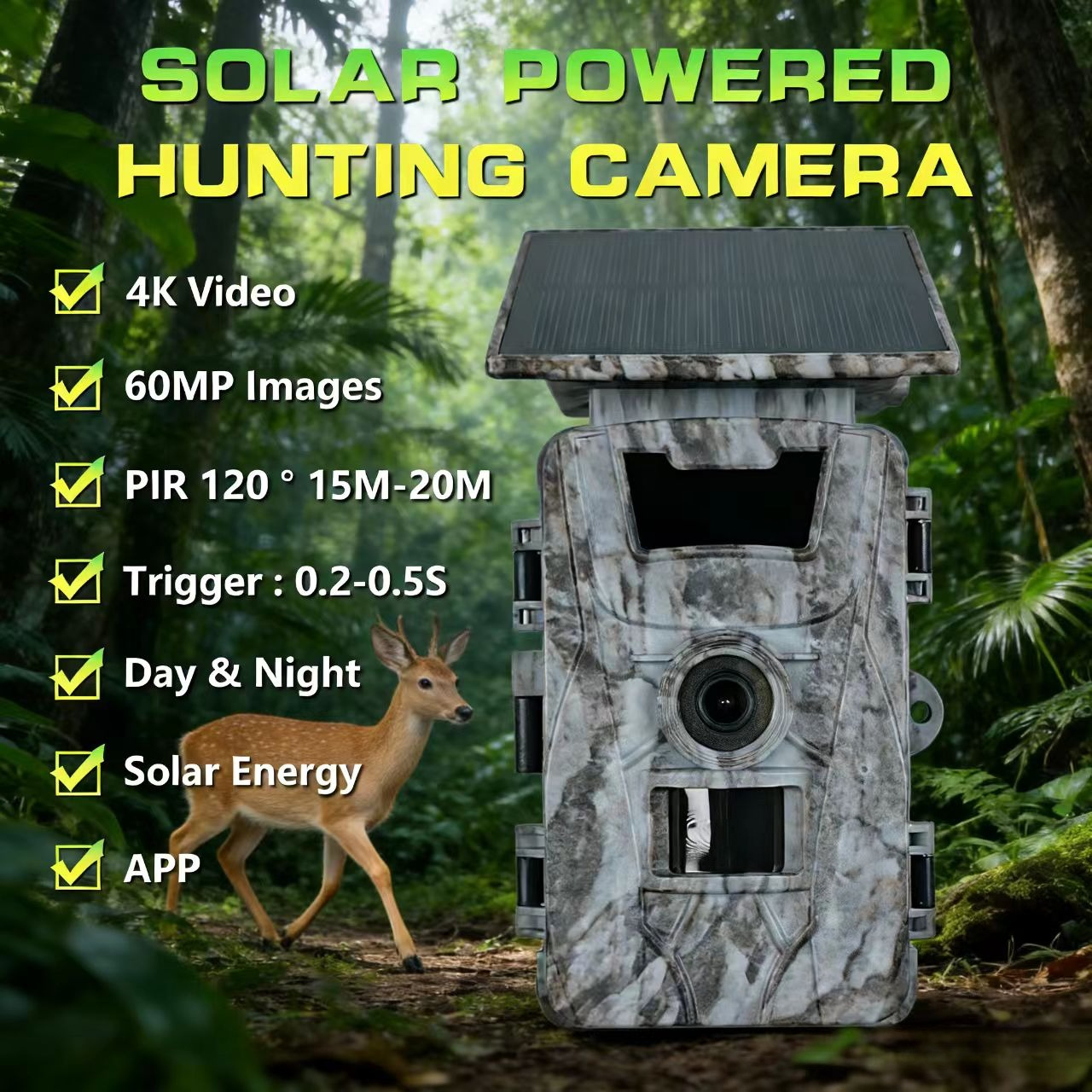 Outdoor Hunting Photography - กล้องติดตามสัตว์ป่า Solar WiFi 4K 60MP พร้อมระบบมองกลางคืน