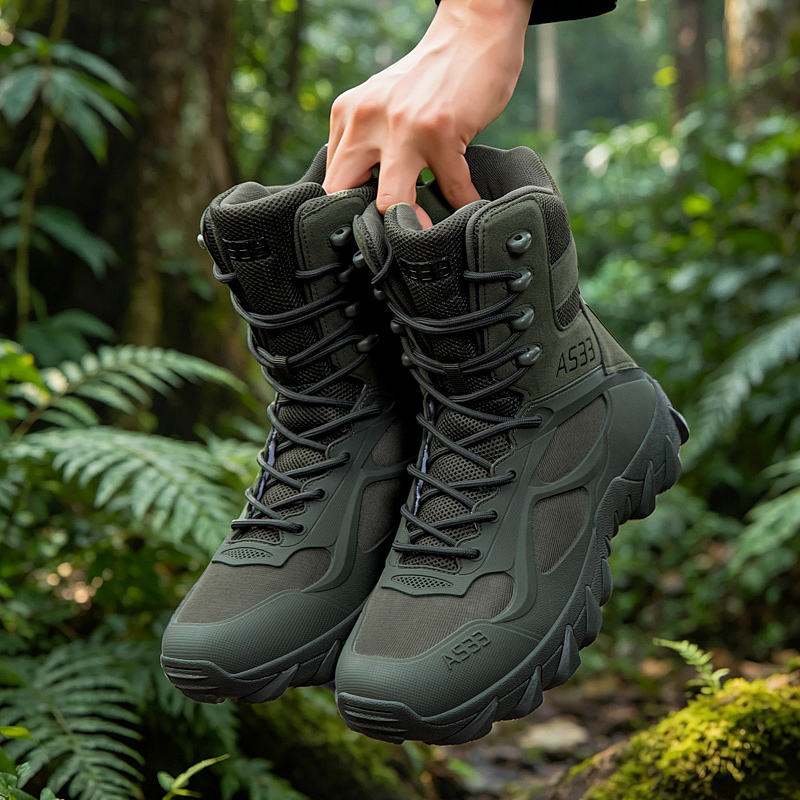 Hunting Outdoor Stores - รองเท้าบูทผู้ชายแบบยุทธวิธี น้ำหนักเบา สำหรับฝึกซ้อม ทำงาน กันน้ำ ใช้กลางแจ้ง