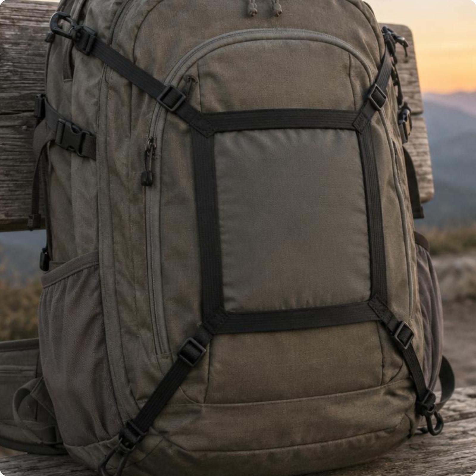 Outdoor Hunting Gear Store - ที่แขวนหมวกกันน็อคสำหรับกระเป๋าเป้ ดีไซน์ทรงสี่เหลี่ยม สายรัดสำหรับติดอุปกรณ์ ปรับได้ พร้อมกระเป๋าตาข่ายสำหรับเก็บของ