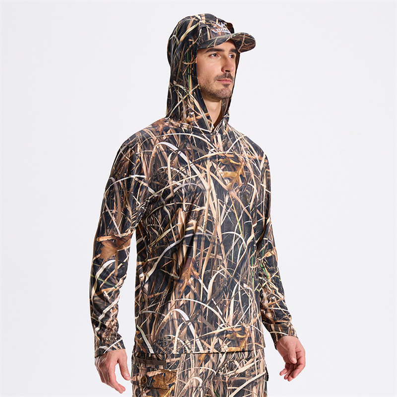 Outdoor Hunting Photography - เสื้อเชิ้ตล่าสัตว์ลายพรางบางของผู้ชายกลางแจ้งเสื้อยืดแขนยาวมีฮู้ดครีมกันแดดเดินป่าดูนกการถ่ายภาพเสื้อตกปลา