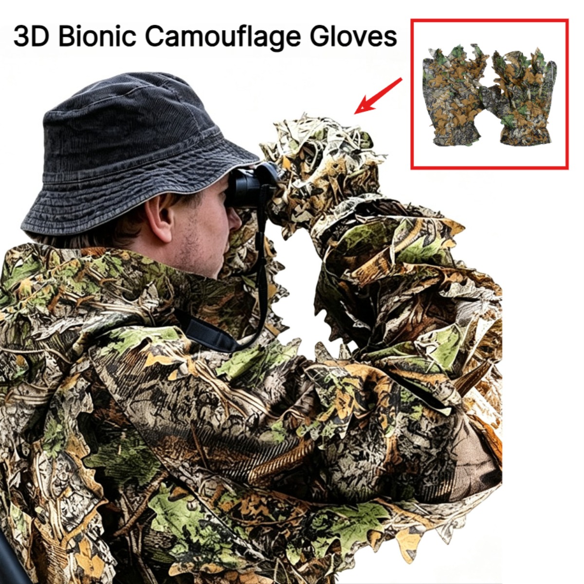 Outdoor Hunting Photography - ถุงมือลายใบไม้ 3 มิติ สำหรับล่าสัตว์ สวมใส่สบาย ไม่ลื่น